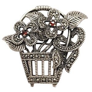 Sterling Silver 925 THAI Marcasite Red Stone Basket of Flowers Brooch Pin K343